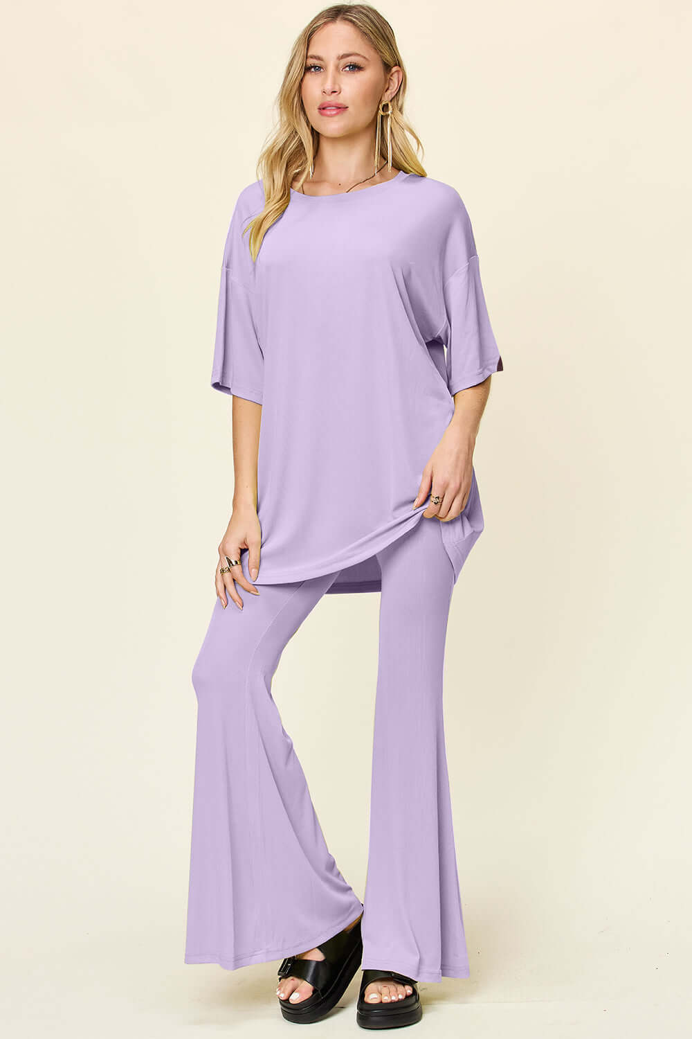 DOUBLE TAKE Full Size Round Neck Drop Shoulder T-Shirt and Flare Pants Set at Bella Road