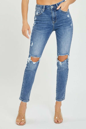 High Rise Knee Distressed Skinny Jeans by Risen Jeans - trendy and edgy denim with a flattering high-rise fit and distressed knee details.