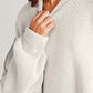 Close-up of Side Slit Round Neck Long Sleeve Sweater in light grey with ribbed fabric texture, showcasing cozy design and moderate stretch.