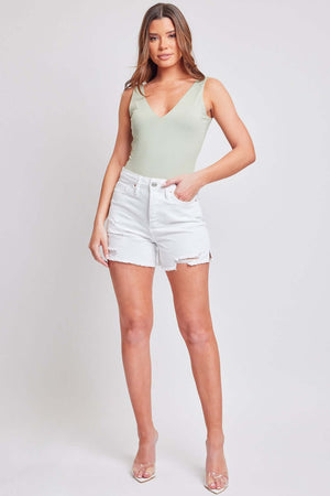 Women’s distressed frayed hem denim shorts from YMI Jeans, perfect for a casual or beach look with a relaxed summer vibe.