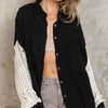 Openwork Lantern Sleeve Button Down Gauze Shirt - Black