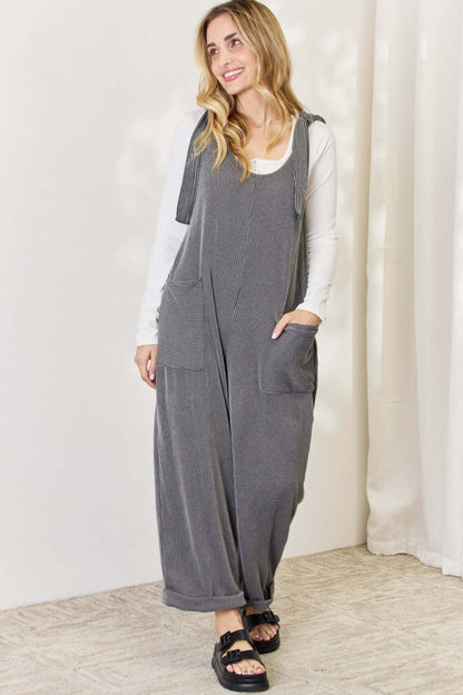 CELESTE Full Size Ribbed Tie Shoulder Sleeveless Ankle Overalls at Bella Road