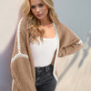 Double Take Contrast Open Front Dropped Shoulder Cardigan - Tan