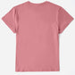 Pink graphic round neck short sleeve t-shirt for women, made from 100% polyester, slightly stretchy, machine wash cold, imported.