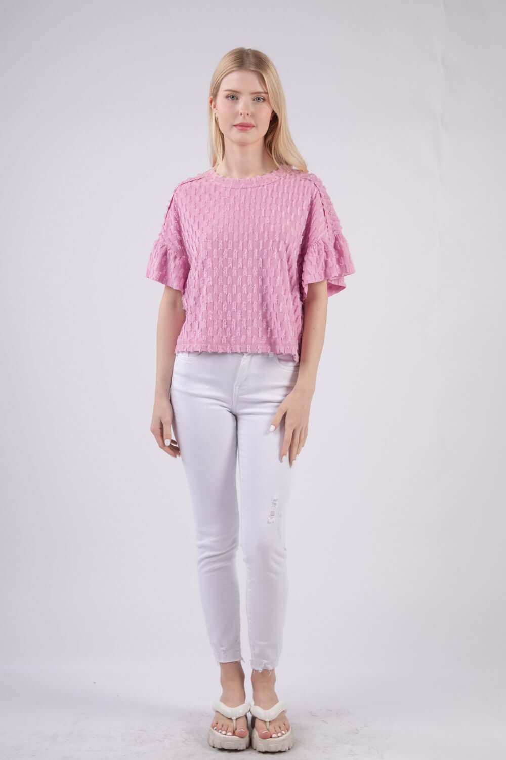 VERY J Full Size Texture Ruffle Short Sleeve Top at Bella Road