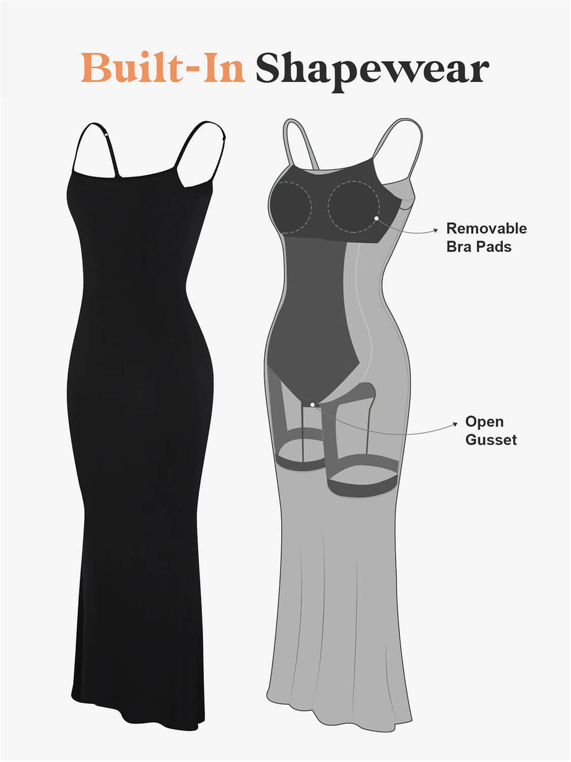 Diagram of Basic Bae Built-In Shapewear Sleeveless Maxi Dress with removable bra pads and open gusset for enhanced comfort and style.