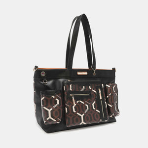 Nicole Lee USA Geometric Pattern Large Handbag with multiple pockets and bottle holder, perfect for work, errands, and events.