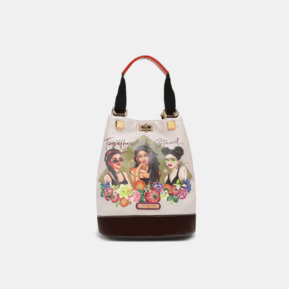 Nicole Lee USA Multifunctional Bucket Bag Backpack with vibrant artwork, adjustable straps, and floral design on a white background.