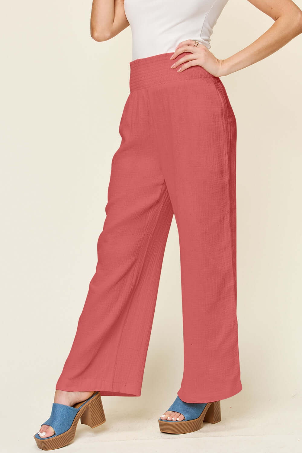 DOUBLE TAKE Full Size Texture Smocked Waist Wide Leg Pants at Bella Road