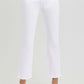 White high-rise crop straight jeans with tummy control elastic band, offering a flattering silhouette and stylish comfort.