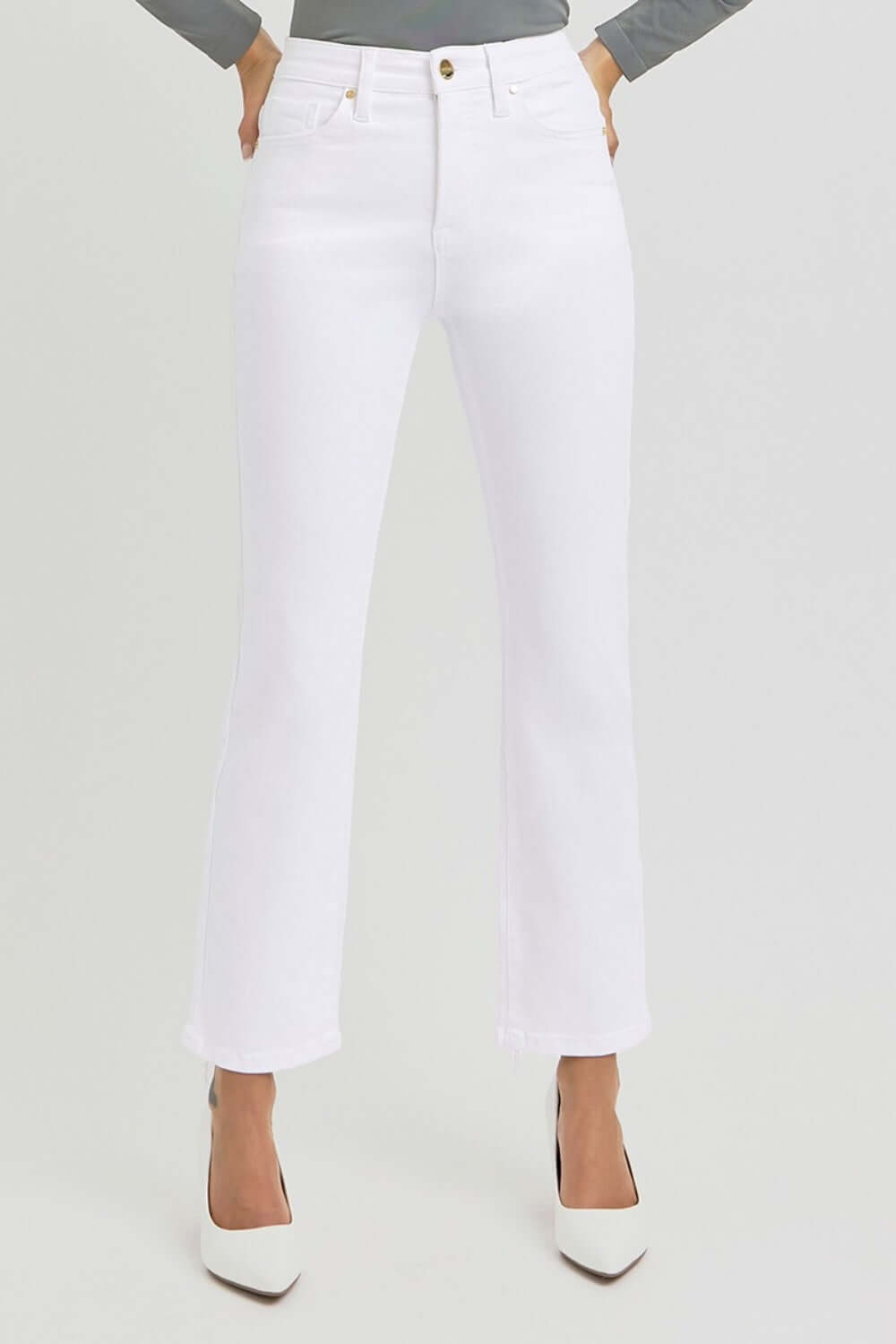 White high-rise crop straight jeans with tummy control elastic band, offering a flattering silhouette and stylish comfort.