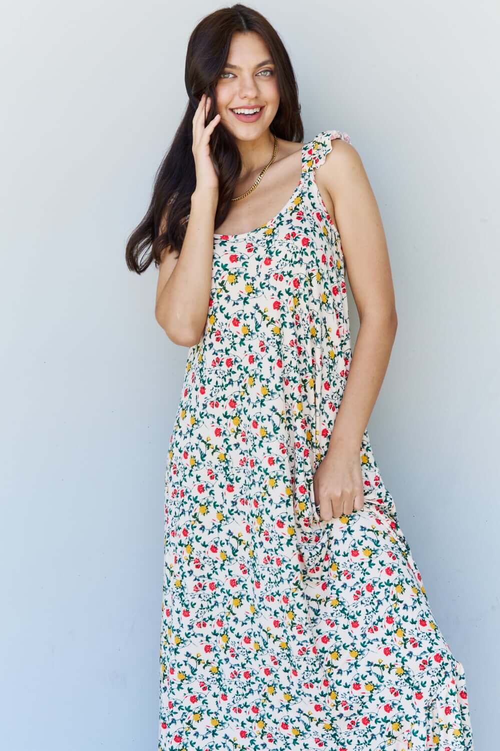 DOUBLJU In The Garden Ruffle Floral Maxi Dress in Natural Rose at Bella Road