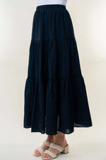 High Waisted Tiered Maxi Skirt in black, featuring a high-rise waist and multiple flowy fabric tiers, perfect for a bohemian or romantic look