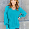 V-Neck Lantern Sleeve Top - Sky Blue