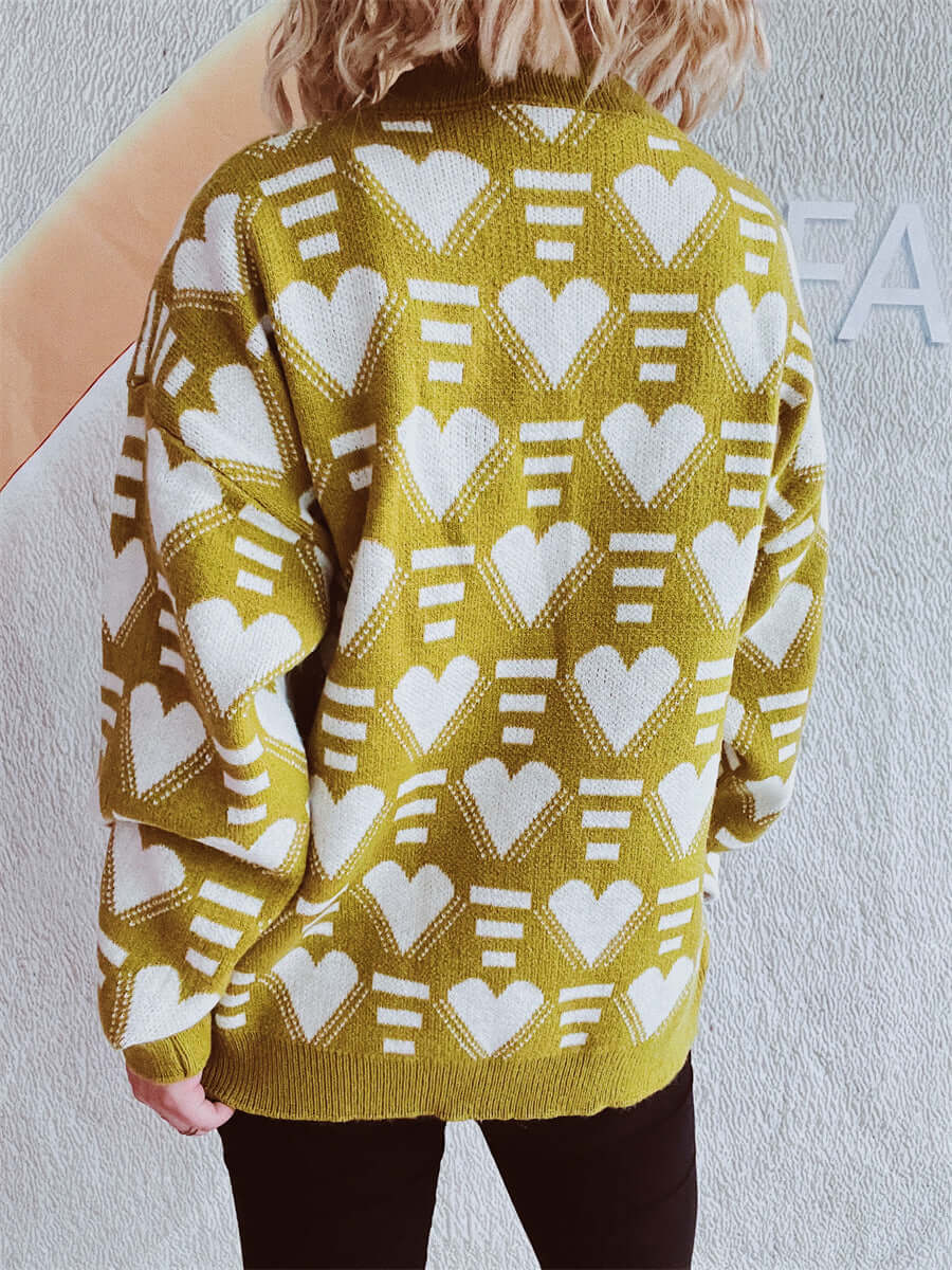 Bella Road Heart Contrast Long Sleeve Dropped Shoulder Sweater - back view showing heart pattern and dropped shoulder design.