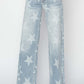 Full Size Raw Hem Star Wide Leg Jeans by Risen Jeans with star embellishments, offering an edgy look and comfortable fit