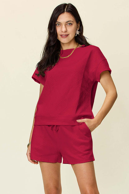 DOUBLE TAKE Full Size Texture Short Sleeve T-Shirt and Drawstring Shorts Set at Bella Road