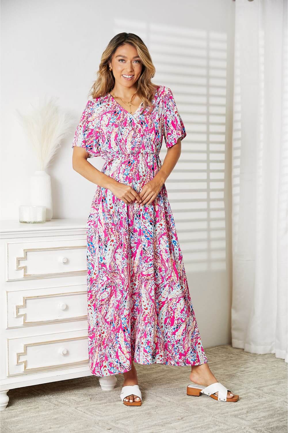 DOUBLE TAKE Multicolored V-Neck Maxi Dress at Bella Road