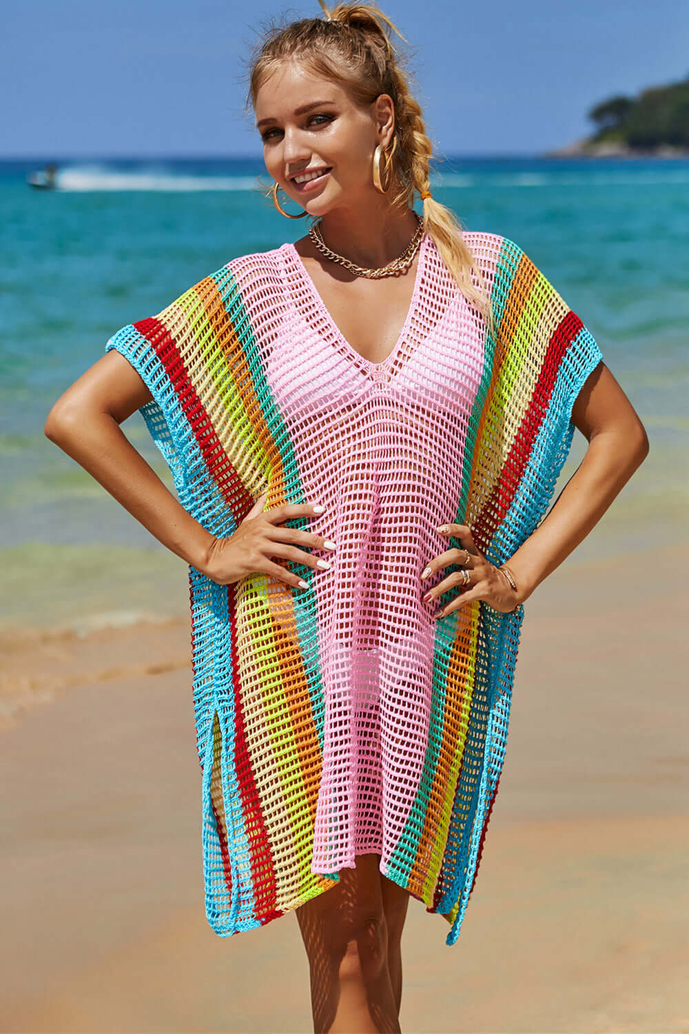 DOUBLE TAKE Openwork Striped Slit Knit Cover Up at Bella Road