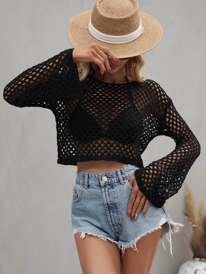 BELLA ROAD Openwork Flare Sleeve Cropped Cover Up at Bella Road