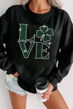 Black sweatshirt featuring rhinestone 'LOVE' and clover design, perfect for adding charm and style to your wardrobe.