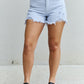 Katie High Waisted Distressed Shorts in Ice Blue by Risen Jeans, trendy and comfy summer shorts with a flattering fit and cool distressed detailing.