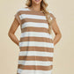 Woman wearing Basic Bae Full Size Striped Round Neck Cap Sleeve Mini Dress, casual and stylish for any occasion.