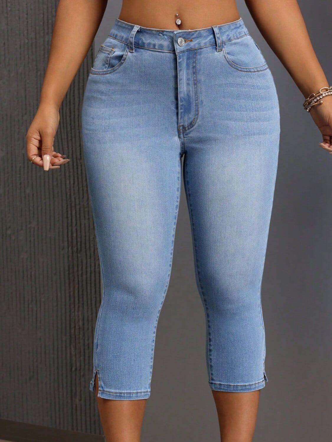 Light blue Bella Road Side Slit Skinny Jeans with pockets, showcasing a stylish slit detail and comfortable fit.