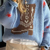 Bella Road Boot Pattern Round Neck Dropped Shoulder Sweater - Light Blue