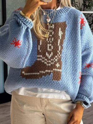 Cozy Bella Road sweater with boot pattern, round neck, and dropped shoulders. Perfect for casual days and cozy nights.