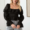 Shirred Smocked Peplum Long Sleeve Top - Black