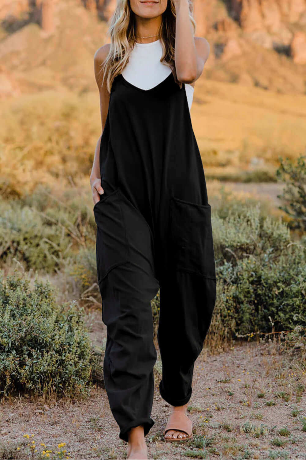 DOUBLE TAKE Full Size V-Neck Sleeveless Jumpsuit with Pockets at Bella Road