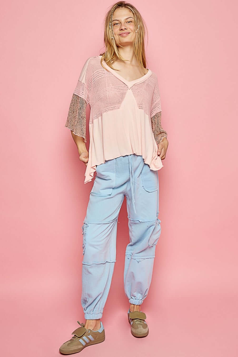 POL V-Neck Crochet Patch Knit Top at Bella Road