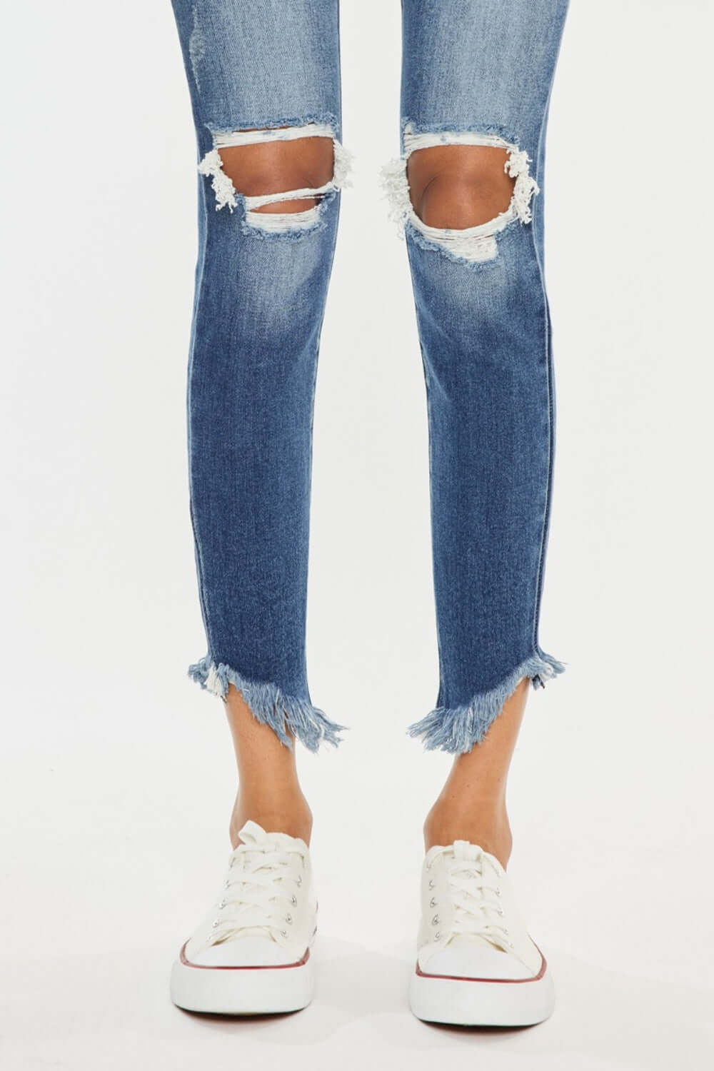 High Waist Distressed Raw Hem Ankle Skinny Jeans with Ripped Knees and Casual Sneakers