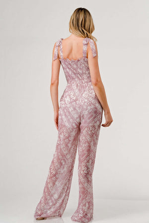 GEEGEE Printed Tie Shoulder Wide Leg Jumpsuit at Bella Road