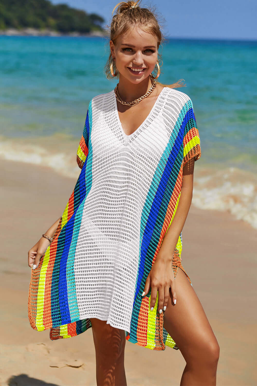 DOUBLE TAKE Openwork Striped Slit Knit Cover Up at Bella Road