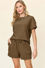 DOUBLE TAKE Full Size Texture Short Sleeve T-Shirt and Drawstring Shorts Set at Bella Road