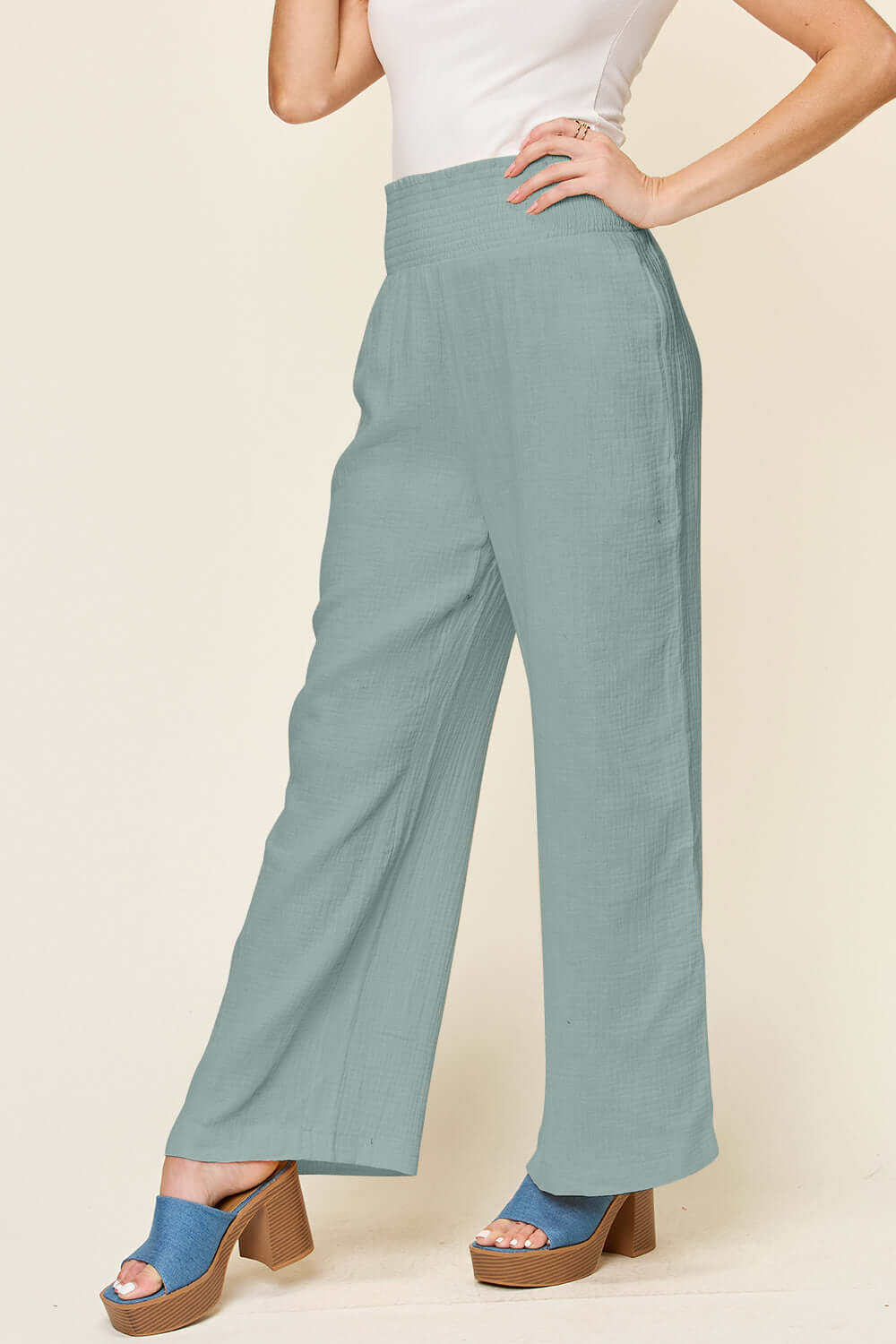 DOUBLE TAKE Full Size Texture Smocked Waist Wide Leg Pants at Bella Road