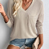 Double Take Pocketed Textured V-Neck Long Sleeve T-Shirt - Dust Storm