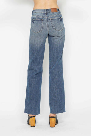 Woman wearing Judy Blue Tummy Control Straight Jeans showing back view for a flattering fit.