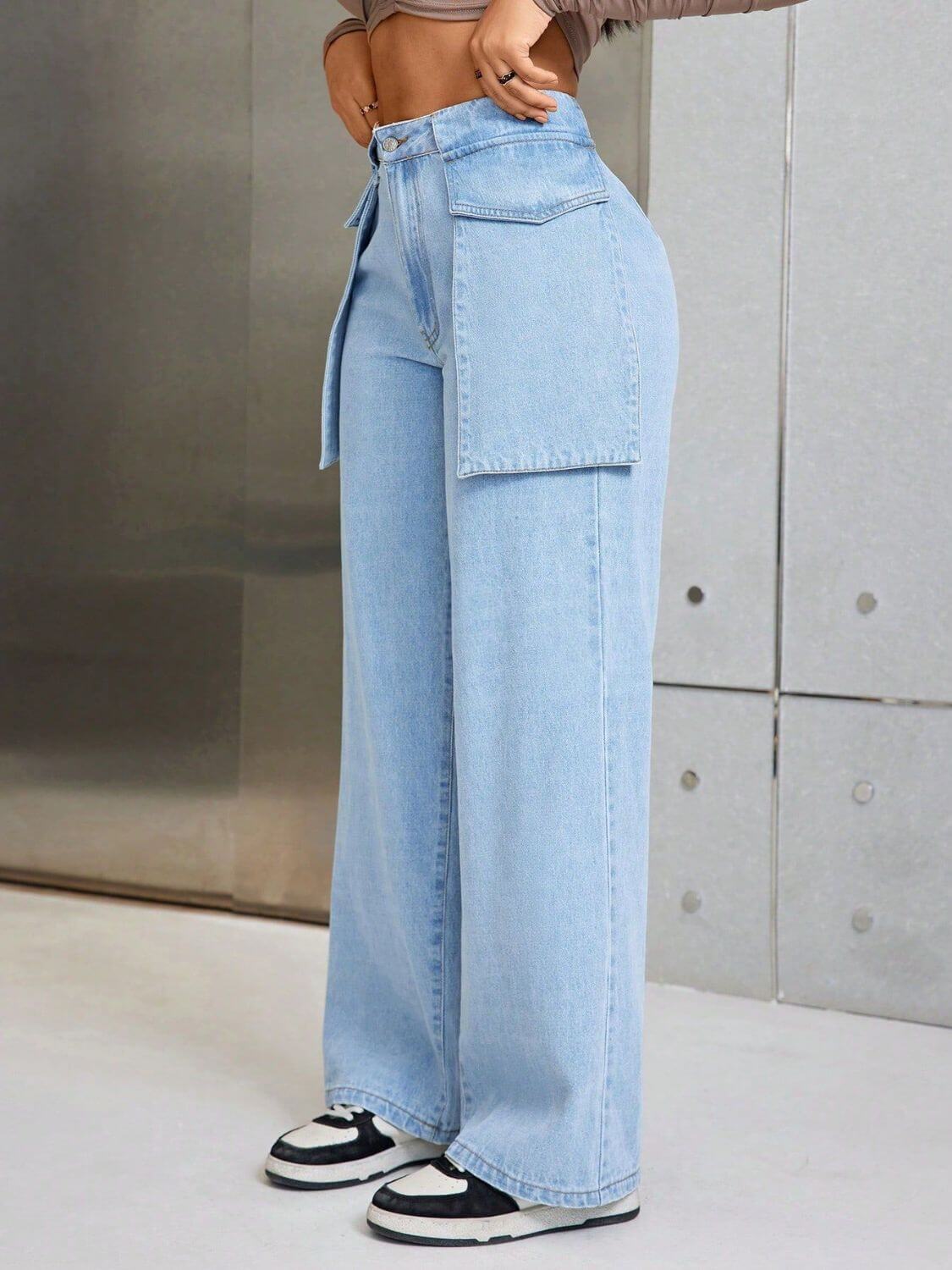 Bella Road Wide Leg Jeans with Pockets in light blue, stylish and comfortable streetwear, perfect for any occasion.