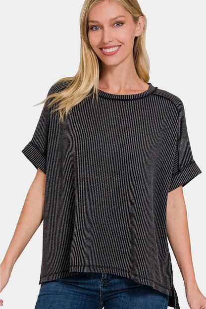 Ribbed Exposed Seam High-Low T-Shirt