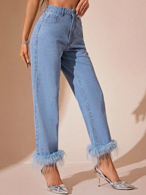 Bella Road high rise straight jeans with plush hem, perfect for a stylish yet comfortable look.