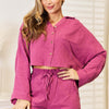 Buttoned Long Sleeve Top and Shorts Set - Fuchsia