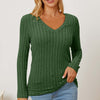 Ribbed V-Neck Long Sleeve T-Shirt - Green