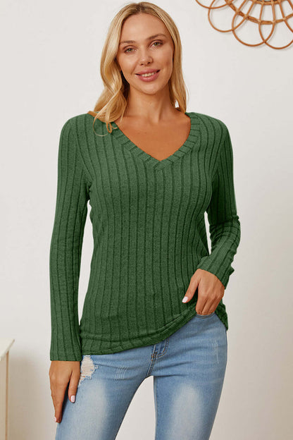 Ribbed V-Neck Long Sleeve T-Shirt