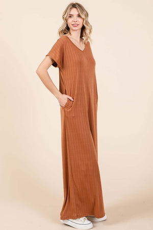 BOMBOM Ribbed Short Sleeve Wide Leg Jumpsuit at Bella Road