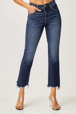 Frayed Hem Cropped Straight Risen Jeans for Petite, stylish dark denim showcasing edgy frayed hems and a chic look