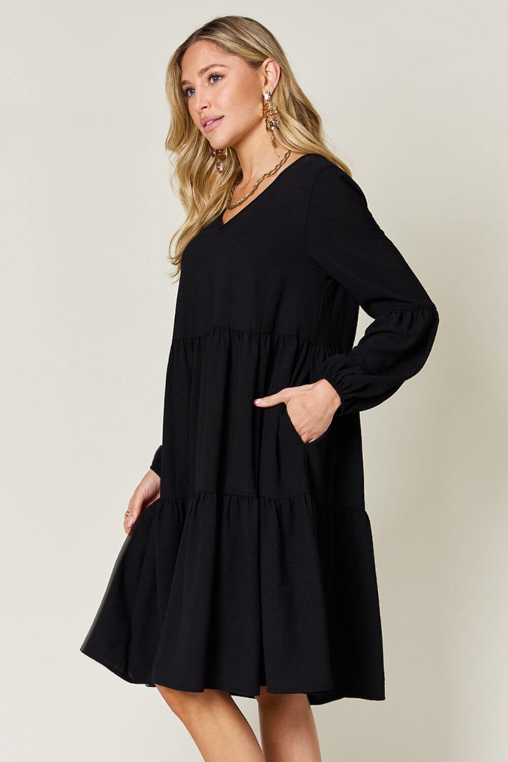 DOUBLE TAKE Full Size V-Neck Balloon Sleeve Tiered Dress at Bella Road