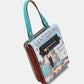 Nicole Lee USA small crossbody wallet with Santorini print, turquoise adjustable strap, and multiple compartments.